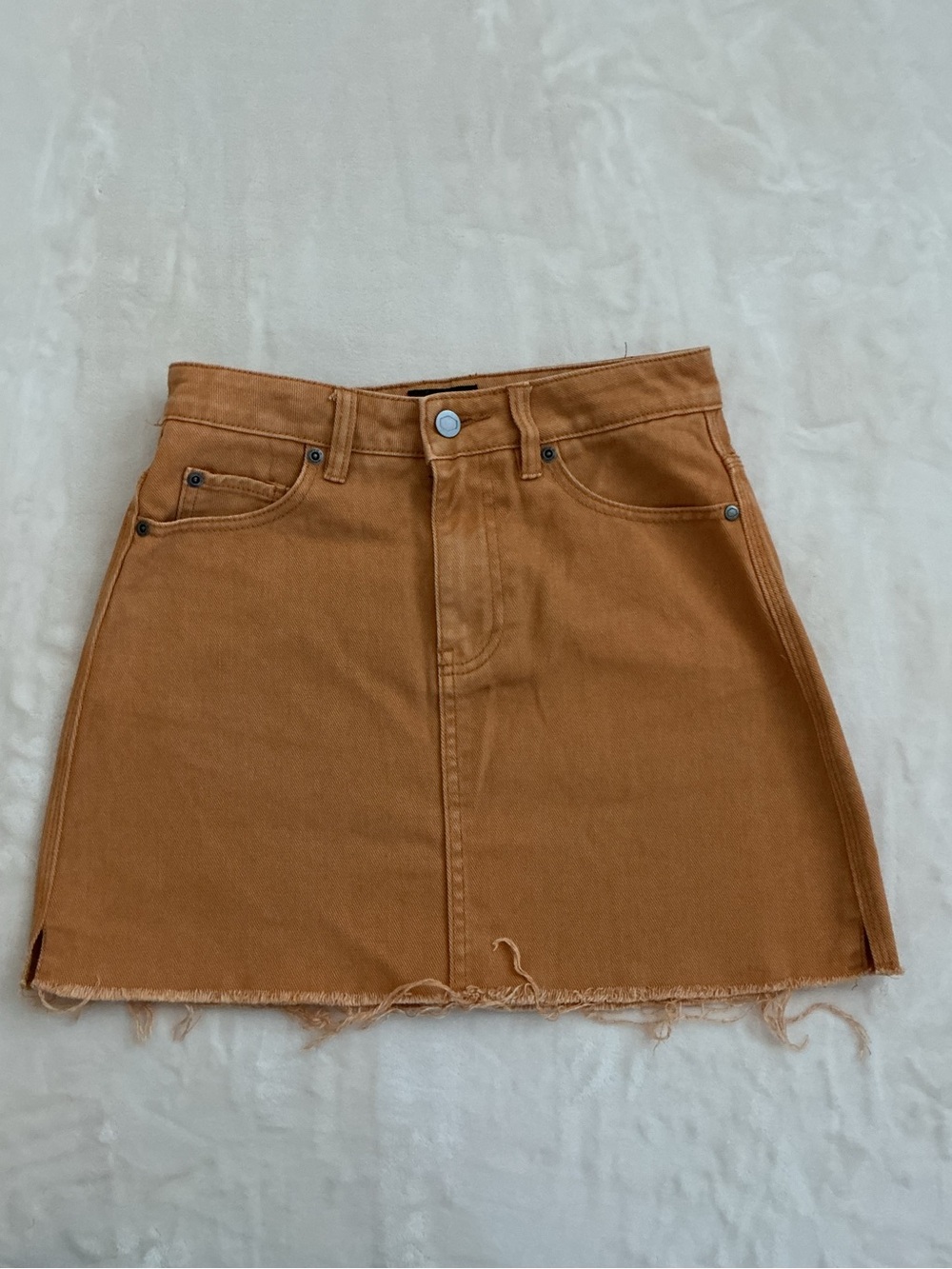 RVCA Rowdy Denim Mini Skirt Women's 25 Camel Brown High Rise Raw Hem